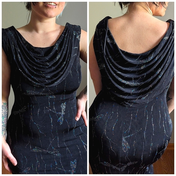 90s Night Way Dragonfly Rainbow Glitter Cowl Neck Black Formal Gown - Picture 1 of 13
